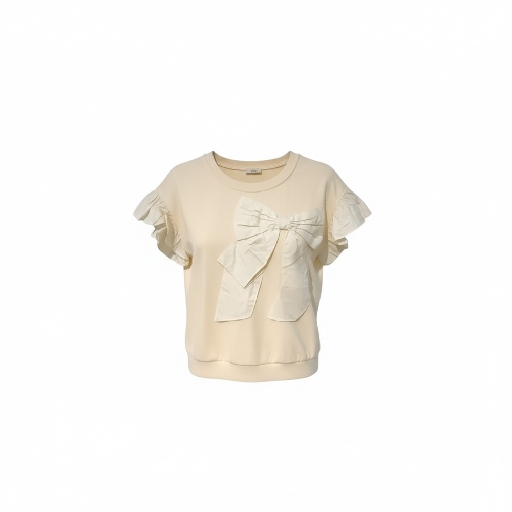 YOV short Sleeve Cream Sweatshirt with ruffle sleeve and Bow design.